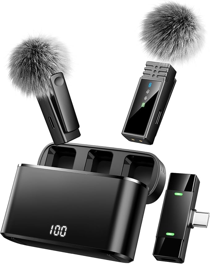 Wireless Lavalier Microphone for iPhone 15/16/17/Android, Lapel Mic with All-in-One 24H Charging Case, Noise Reduction, USB C Plug & Play Clip Mic for YouTube, TikTok, Podcast, Vlog, Black-Type C