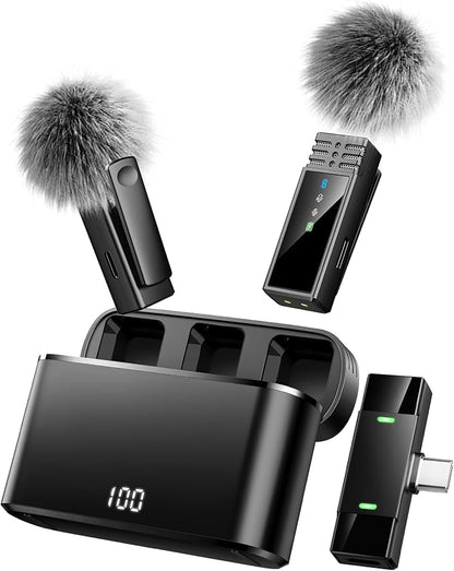 Wireless Lavalier Microphone for iPhone 15/16/17/Android, Lapel Mic with All-in-One 24H Charging Case, Noise Reduction, USB C Plug & Play Clip Mic for YouTube, TikTok, Podcast, Vlog, Black-Type C