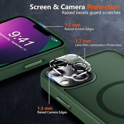 MOCCA Strong Magnetic for iPhone 13 Case, [Compatible with Magsafe][Screen Protector+Camera Lens Protector] Translucent Matte Back Slim Shockproof Case for iPhone 13 Phone Case 6.1", Midnight Green