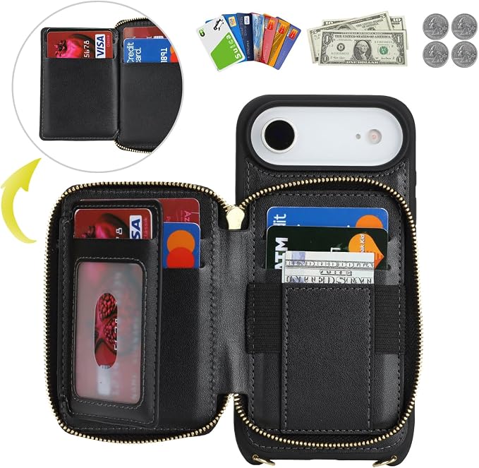 Crossbody Wallet Case for iPhone Air, PU Leather Zipper Handbag Purse Flip Cover, Kickstand Folio Case with Card Slots Holder Wrist Strap Lanyard 5G 6.5 Inch-Black