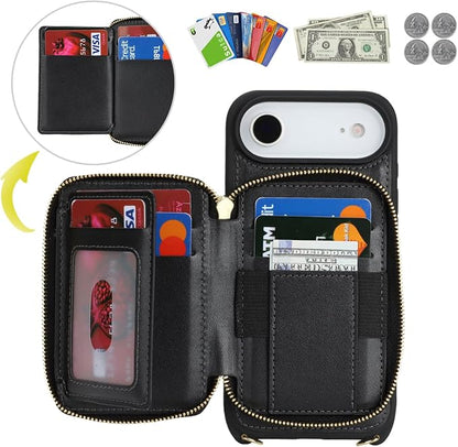 Crossbody Wallet Case for iPhone Air, PU Leather Zipper Handbag Purse Flip Cover, Kickstand Folio Case with Card Slots Holder Wrist Strap Lanyard 5G 6.5 Inch-Black