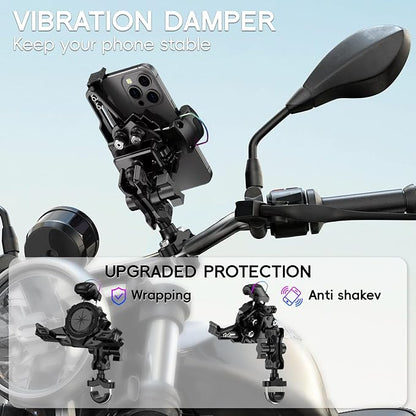 Motorcycle Phone Mount Holder，Bicycle Phone Mount,Metal Extension Arm-Dual Vibration Dampener,Suitable for Handlebar and Rearview Mirror Installation,Clamp for 4.7-7.2" Smartphone