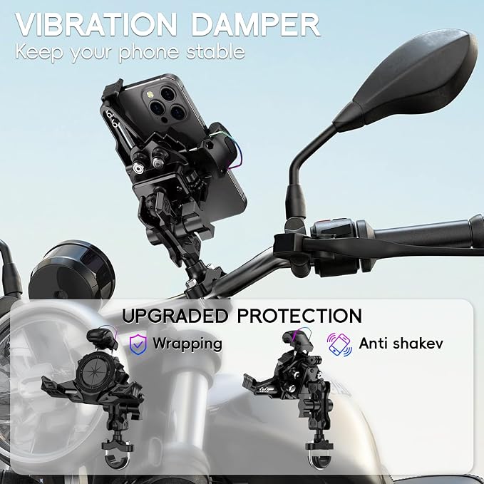 Motorcycle Phone Mount Holder，Bicycle Phone Mount,Metal Extension Arm-Dual Vibration Dampener,Suitable for Handlebar and Rearview Mirror Installation,Clamp for 4.7-7.2" Smartphone