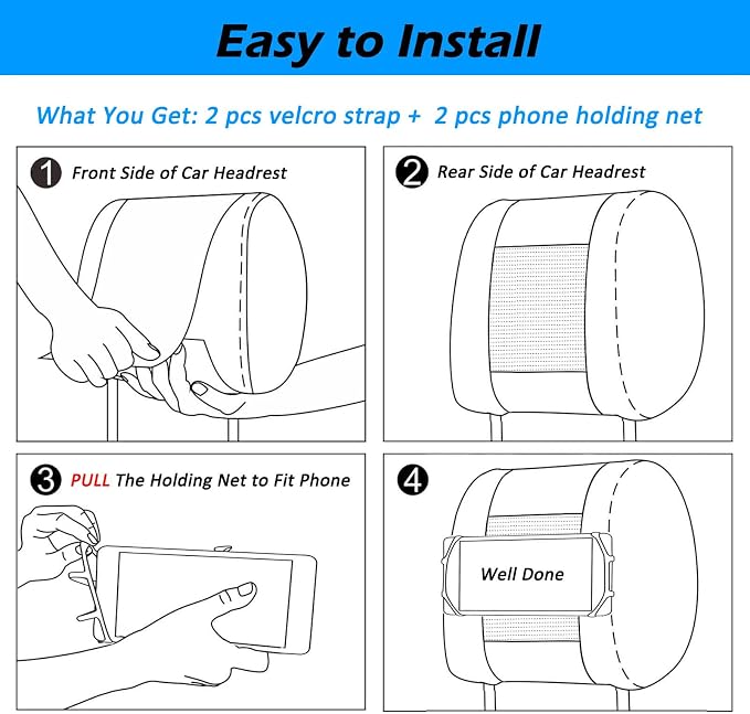 Car Headrest Phone Holder for Kids Back Seat - Compatible with iPhone, Samsung and Other Cell Phones - Soft Adjustable Silicone Holding Net (for Phone 2 Pack)