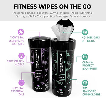 Wipex Screen Wipes & Gym Wipes Combo Pack - 75ct Gym Equipment Canister & 24ct Individually Wrapped Fitness Touch Screen Cloths, Safe for Yoga Mats & Electronics, Lavender Scent
