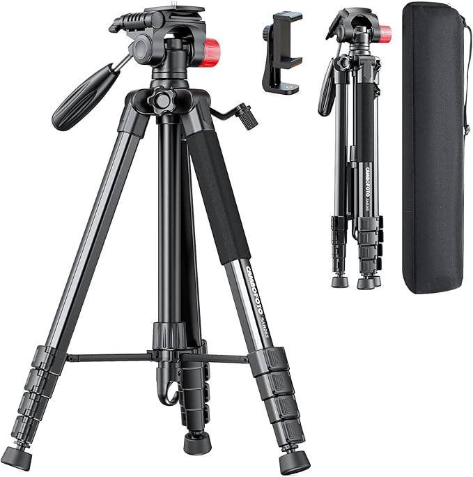 CAMBOFOTO 74"-Camera-Tripod, Porfessional Aluminum Heavy Duty Tripod Stand for Mirrorless Camera/DSLR/Cell Phone/Camcorder, with Holder and Travel Bag