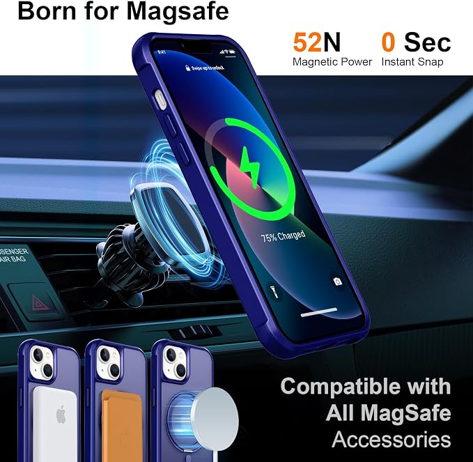 360° Magnetic Swivel Ring for iPhone 13 case, Built-in Metal Stand and Ring Holder, Magsafe Compatible, Military Grade Protection, Shock Resistant - Blue