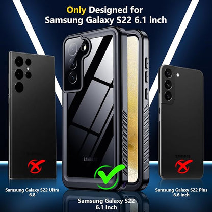 SPIDERCASE for Samsung Galaxy S22 Waterproof Case, [12FT Military-Grade Drop Protection] IP68 Water Resistance [Built-in Screen Protector] Full Body Sealed Protection Phone Case 6.1", Black/Clear
