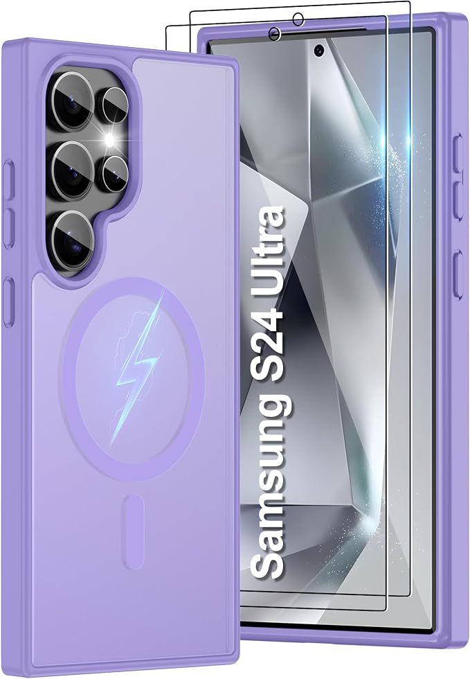 For Samsung Galaxy S24 Ultra Case [Compatible with Magsafe] Translucent Matte Magnetic Phone Case,Slim Thin Duty Shockproof Protection Cover with 2pc Screen Protector for S24 Ultra-Light purple