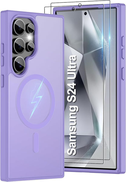 For Samsung Galaxy S24 Ultra Case [Compatible with Magsafe] Translucent Matte Magnetic Phone Case,Slim Thin Duty Shockproof Protection Cover with 2pc Screen Protector for S24 Ultra-Light purple