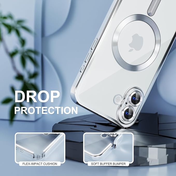 Misea Magnetic for iPhone 16 Case Compatible with MagSafe [Never Yellowing] [Military Grade Drop Protection] Full Camera Lens Protector Plating Soft Clear Phone Case for Women 6.1 inch, Silver