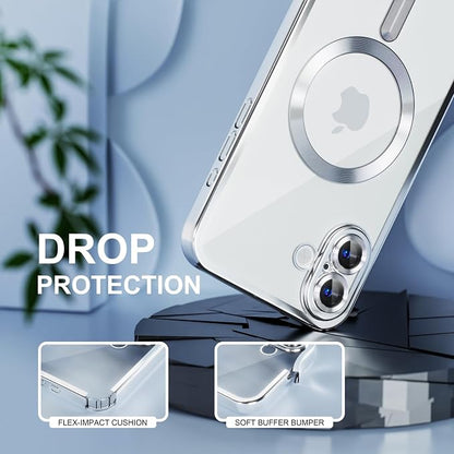 Misea Magnetic for iPhone 16 Plus Case Compatible with MagSafe [Never Yellowing] [Military Grade Drop Protection] Full Camera Lens Protector Plating Soft Clear Phone Case for Women 6.7", Silver