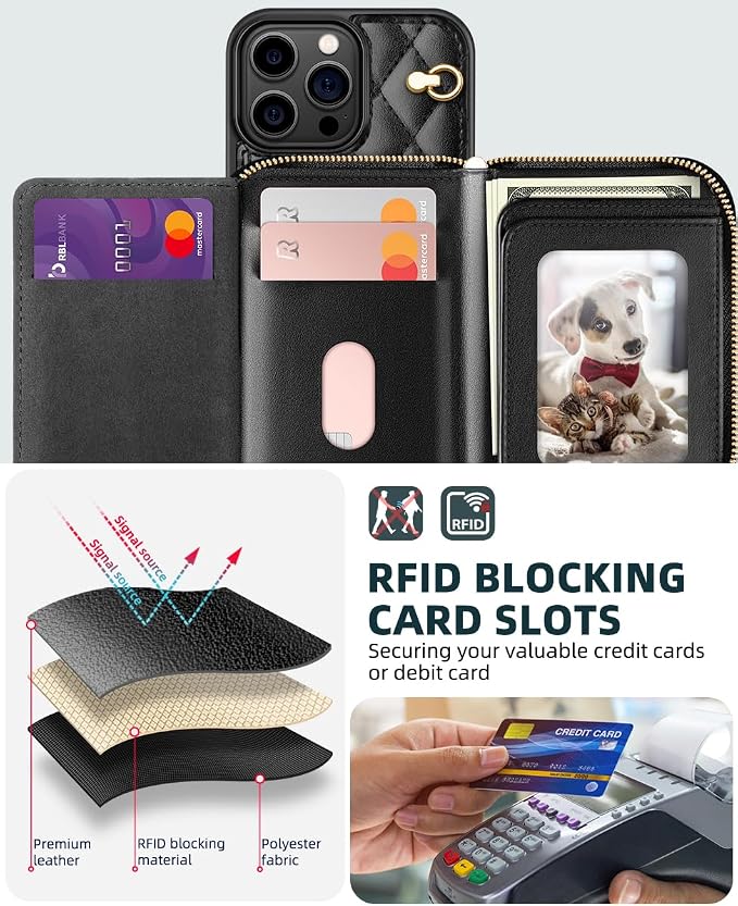 OCASE Compatible with iPhone 16 Pro Max Crossbody Wallet Case with Card Holder, PU Leather Zipper Handbag Phone Purse with RFID Blocking Kickstand Wrist Strap Lanyard 6.9 Inch, Diamond Check Black
