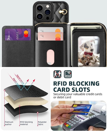 OCASE Compatible with iPhone 16 Pro Crossbody Wallet Case with Card Holder, PU Leather Zipper Handbag Phone Purse with RFID Blocking Kickstand Wrist Strap Lanyard 6.3 Inch, Diamond Check Black