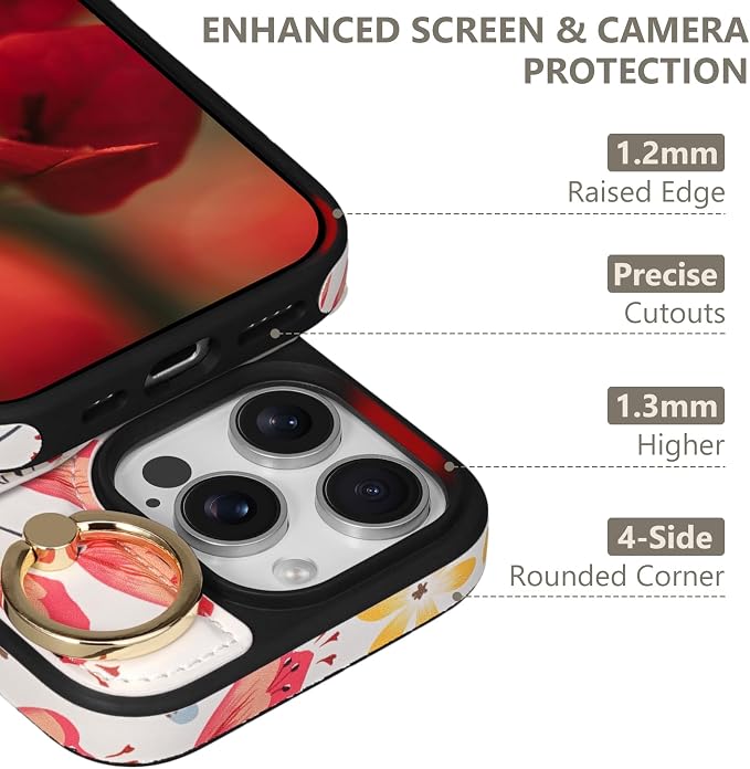 Keallce Wallet Case for iPhone 16 Pro Max 6.9'', Flip Case with Card Slots, Ring Holder Kickstand, PU Leather Protective Folio Cover for Women, Floral