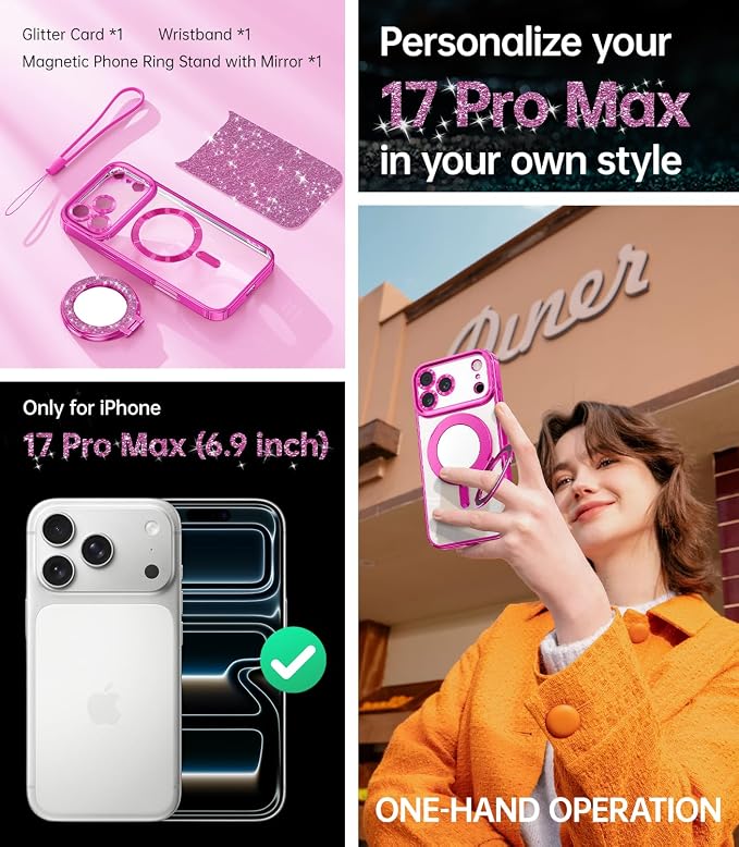 Meifigno Magnetic Case Designed for iPhone 17 Pro Max with Removable Phone Ring Stand, Glitter Card & Wrist Strap, Compatible with MagSafe, Built in Mirror, Phone Ring Holder + Case Kit, Hot Pink
