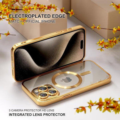 Misea Magnetic for iPhone 15 Pro Max Case with MagSafe [Never Yellowing] [Military Grade Drop Protection] Full Camera Lens Protector Plating Soft Clear Phone Case for Women Girls, Gold