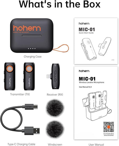 hohem MIC-01 Wireless Lavalier Microphone for iPhone, Noise Cancellation, 48kHz 328ft Range, 20 Hours Battery, Wireless Microphone for iOS, Live Streaming, Vlog (2TX + 1RX + Charging Case)