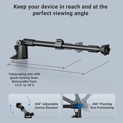 ARKON Mounts Long Arm Windshield Suction Mount with Dual-T Pattern | For Tablet and Phone Holders | Firm Windshield Suction | Extendable Arm for Long Dashboards | Dual-T Mount Pattern | CM117-SBH