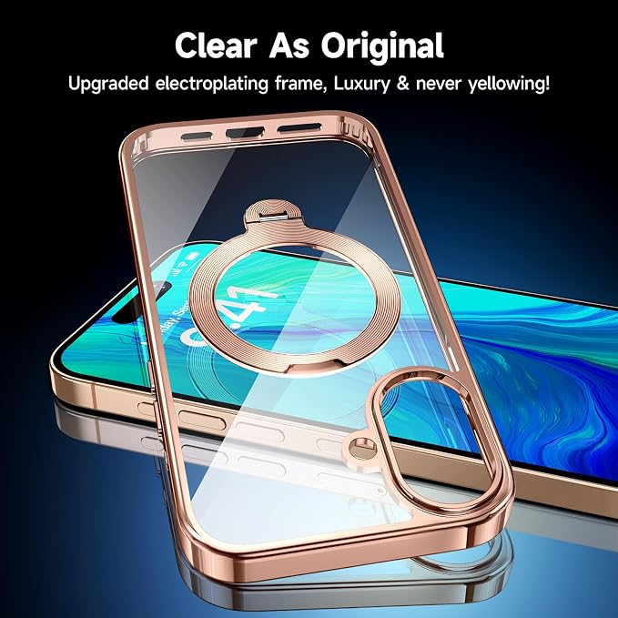 [Tri-Shield Protection] for iPhone 16 Plus Case with 360° Spin Stand Compatible with MagSafe [Magnetic CD Ring] [Screen & Camera Lens Protector] Shockproof Plating Never-Yellowing, Desert Gold-6.7"