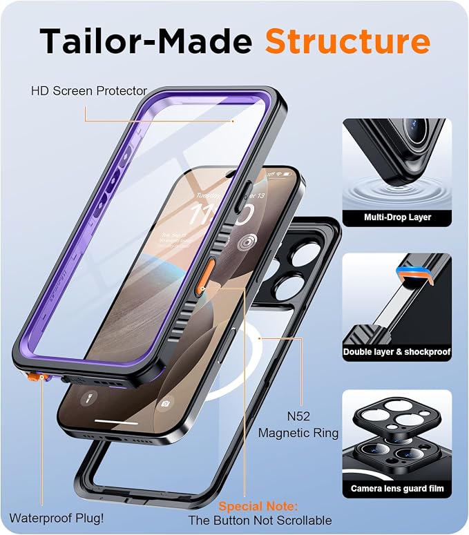 Temdan Magnetic for iPhone 16 Pro Max Case Waterproof,Built-in Screen Protector[IP68 Underwater][Upgrade Military Dropproof][Compatible with MagSafe] Full Body Shockproof Case-Purple