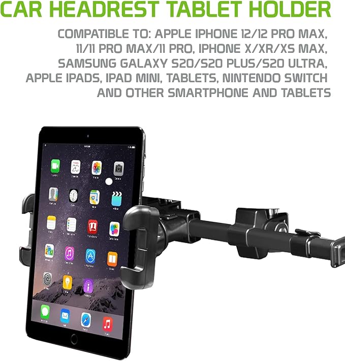 Cellet Car Headrest Phone Holder & Tablet Mount for Back Seat Adjustable 10" Cradle Compatible for iPad Pro Air Mini iPhone 13 Pro Max Mini 12 SE Galaxy S21 S20 Note 20 Tabs Kindle Fire HD - Black