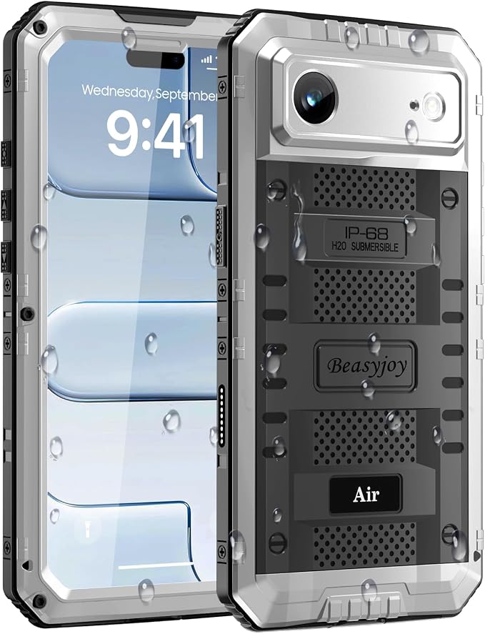 Beasyjoy for iPhone Air Case Waterproof, Heavy Duty Metal Full Body Protection, Built-in Screen Protector, Military Grade Shockproof Rugged Hard Phone Cover for iPhone 17 Air 6.5", Silver