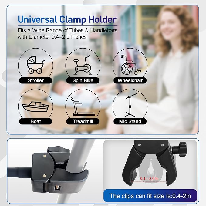 Clip Phone Holder for Desk,Pole,Pipe,Boom,Flat Surface with Adjustable Aluminium Arm Phone Clamp Mount for Mic Stand,Treadmill Compatible with All 4-7” Cell Phone (Long-Gooseneck Arm Phone Holder)