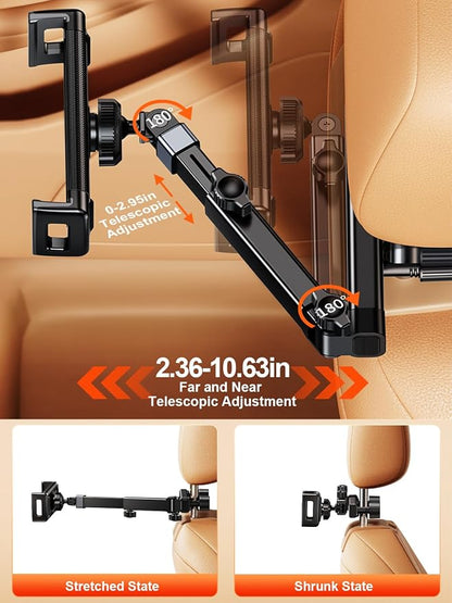Car Tablet Headrest Holder,[3 in 1 Long Arm] iPad Car Mount for Back Seat,Car Accessories Backseat Road Trip Essentials for Kids Baby,For 4-12.9"Devices,iPad Pro,Air,Mini,Galaxy,Switch,Fire HD