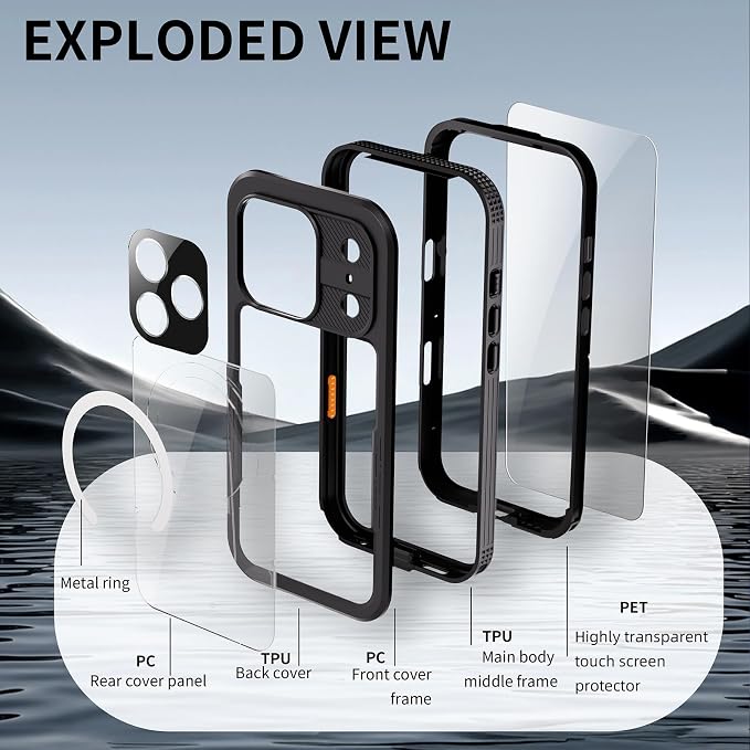 Omio for iPhone 17 Pro Max Waterproof Case Compatible with MagSafe, Magnetic Waterproof Full Body IP68 Underwater Case Built-in Screen Protector Military Grade Shockproof Cover for Men Women Black