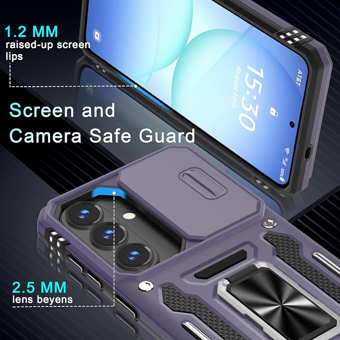 DEERLAMN Case for Samsung Galaxy S26+ Plus 6.7-Inch with Slide Camera Cover+Screen Protector(1 Pack), Rotated Ring Kickstand Military Grade Shockproof Protective Cover-Deep Purple