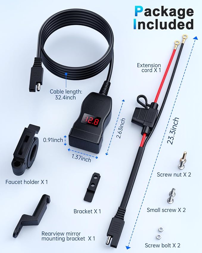 EXTRACTME Motorcycle USB Charger, Dual USB Quick Charge 3.0 Motorcycle Phone Charger with Voltmeter & ON/Off Switch, Waterproof Motorcycle Accessories for All Phone, Tablet, GPS (Red)