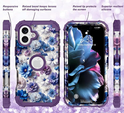 Hocase for iPhone 17 Case 6.3", Heavy Duty Shockproof Protection Soft Silicone Rubber+Hard Plastic Bumpers Hybrid Protective Case for iPhone 17 2025 - Blue Purple Flowers