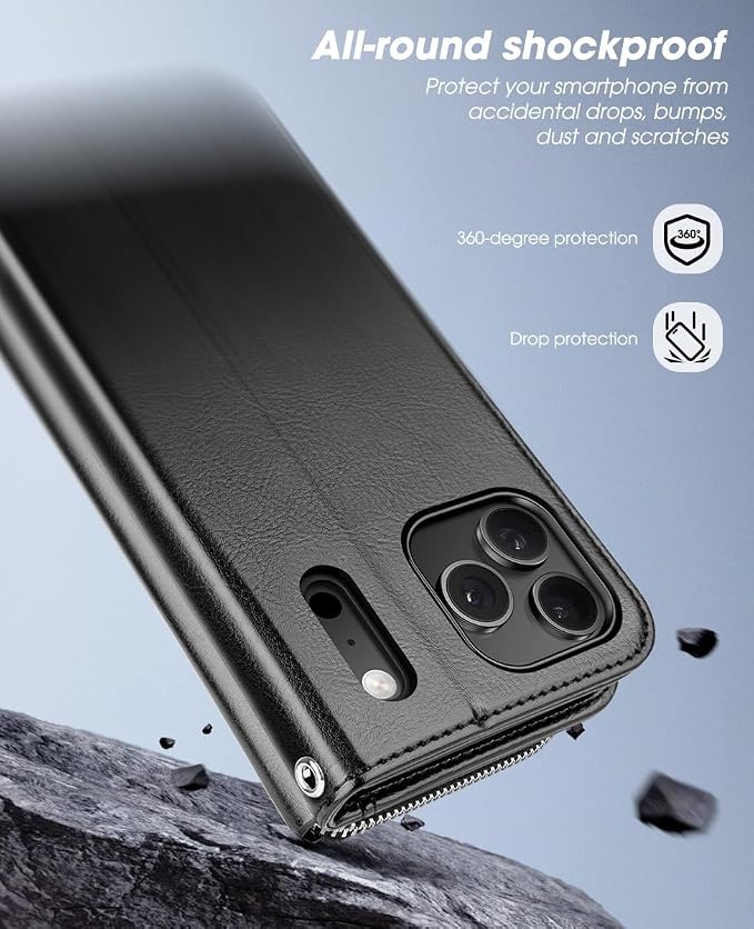 OCASE for iPhone 17 Pro Crossbody Wallet Case - Stylish PU Leather Handbag Phone Purse with Zipper Closure, Card Slots & RFID Blocking - Wrist Strap, Lanyard, Kickstand - Black