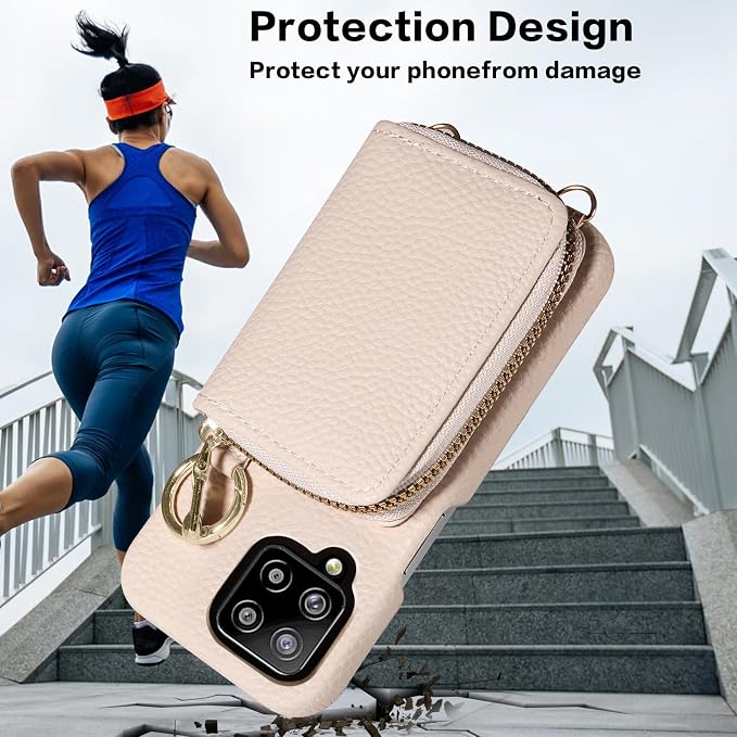 Wallet Case for Samsung Galaxy A22 4G 6.4 inch with Shoulder Strap Ring Buckle, PU Leather Zipper Organ Purse, Credit Card Holder Stand Phone Cover for M32 M22 F22 A 22 22A G4 Women Men White