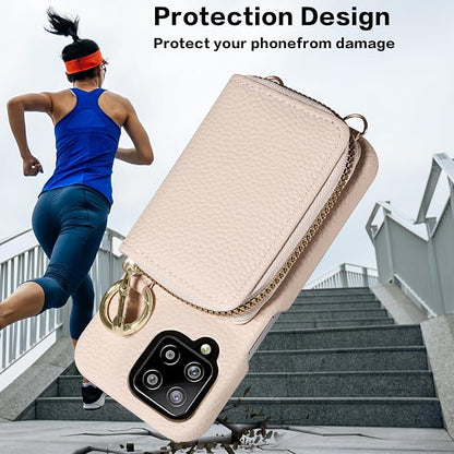 Wallet Case for Samsung Galaxy A22 4G 6.4 inch with Shoulder Strap Ring Buckle, PU Leather Zipper Organ Purse, Credit Card Holder Stand Phone Cover for M32 M22 F22 A 22 22A G4 Women Men White