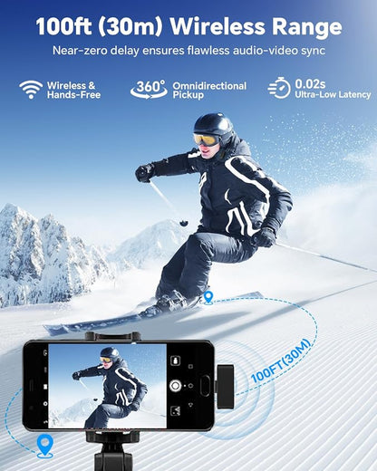 Wireless Lavalier Microphone for iPhone/Android Phone/Laptop/PC, Mini Lapel Mic with 50H Battery Life Charging Case, 100FT Range and Noise Reduction, for Video Recording, Streaming, TikTok
