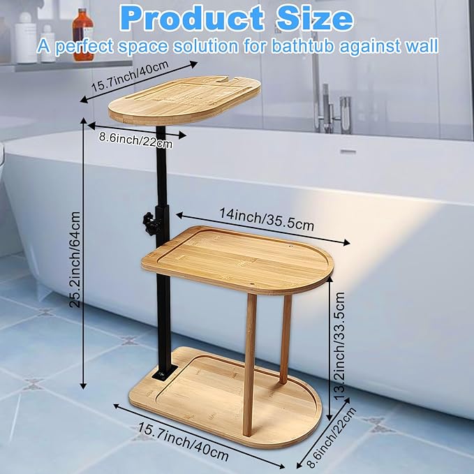 3 Layer Bath Tub Tray Table Liftable Freestanding Bamboo Bath Tray Caddy for Tub Against Wall Shelf Bathroom Organizer Shelf for Luxury Spa (Oval)