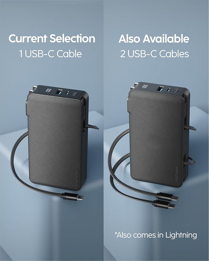 myCharge RetractaCharger 10000mAh Portable Charger Power Bank with 28-Inch Retractable USB-C Cable | Premium Fabric | Built-in Wall Plug | 30W PD Fast Charging | USB-C/A Ports | Digital Display