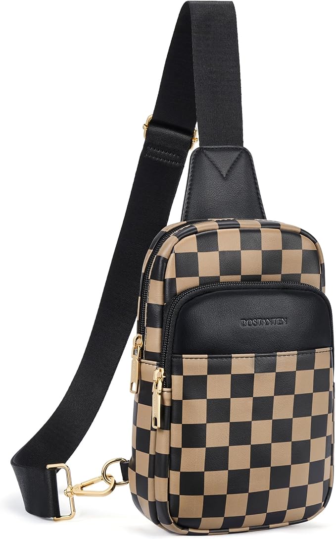 BOSTANTEN Sling Bag Quilted Crossbody Bags for Women Cross Body Purse Leather Fanny Pack with Adjustable Guitar Strap