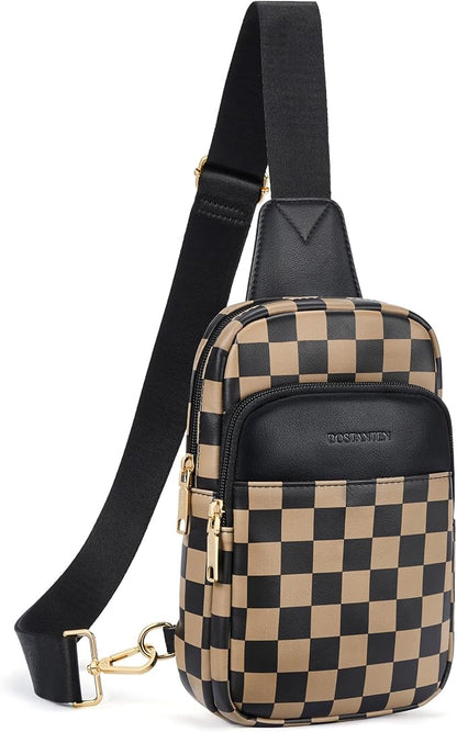 BOSTANTEN Sling Bag Quilted Crossbody Bags for Women Cross Body Purse Leather Fanny Pack with Adjustable Guitar Strap