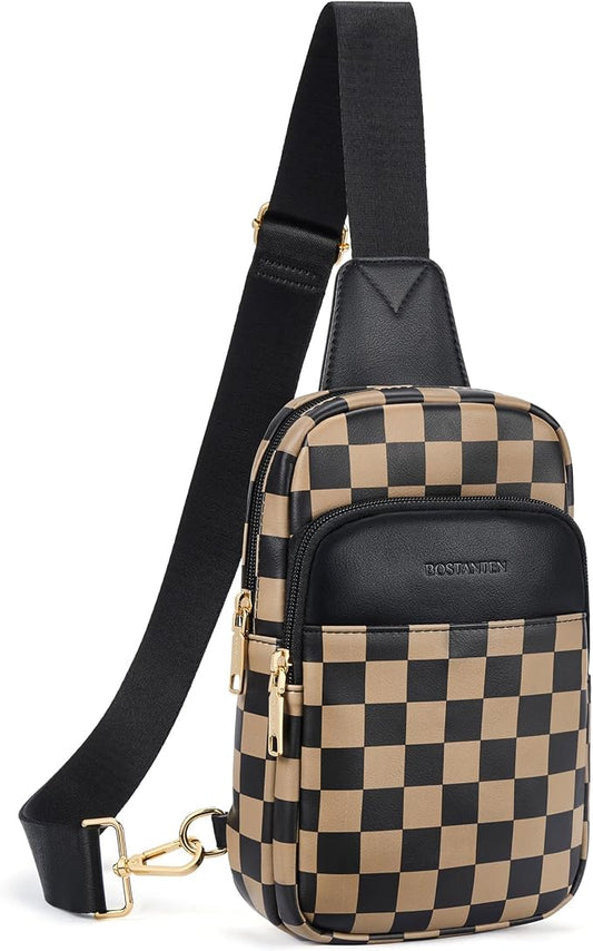 BOSTANTEN Sling Bag Quilted Crossbody Bags for Women Cross Body Purse Leather Fanny Pack with Adjustable Guitar Strap