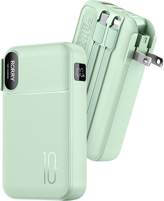 RORRY Portable Charger w/Wall Plug 10000mAh Power Bank 22.5W Battery Pack | Built in Cables, Fast Charging, for iPhone, iPad, Samsung Galaxy, Pixel, LG, Travel Essential, Digital Display, Pocket Size