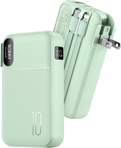 RORRY Portable Charger w/Wall Plug 10000mAh Power Bank 22.5W Battery Pack | Built in Cables, Fast Charging, for iPhone, iPad, Samsung Galaxy, Pixel, LG, Travel Essential, Digital Display, Pocket Size