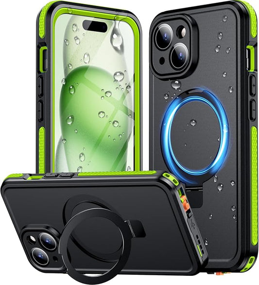 Temdan Magnetic for iPhone 15 Case Waterproof, [Built-in Ring Invisible Stand & Screen Protector][IP68 Underwater][Dropproof][Dustproof][Real 360] Shockproof Protective Phone Case 6.1'' -Green