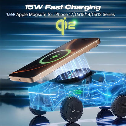 CyberDock 3-In-1 Wireless Charging Station, Cybertruck 1:25 Scale Charger with Qi2 Certified 15W Charging for iPhone iWatch AirPod, Magnetic Rotating Charger with Ambient Light, 30W Adapter, Deep Blue