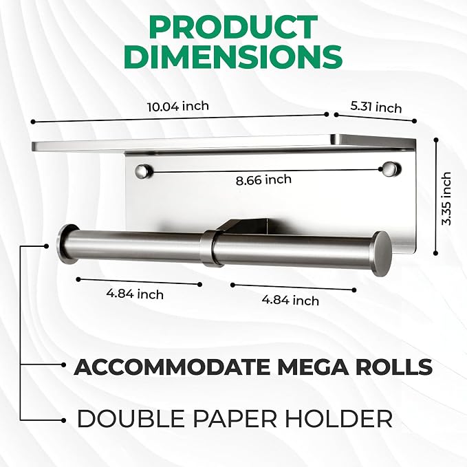 Toilet Paper Holder - Aluminium Double Roll Toilet Tissue Holder with Mobile Phone Shelf for Bathroom, 3M Self Adhesive No Drilling or Wall-Mounted, Rustproof Modern Style Brushed Nickel