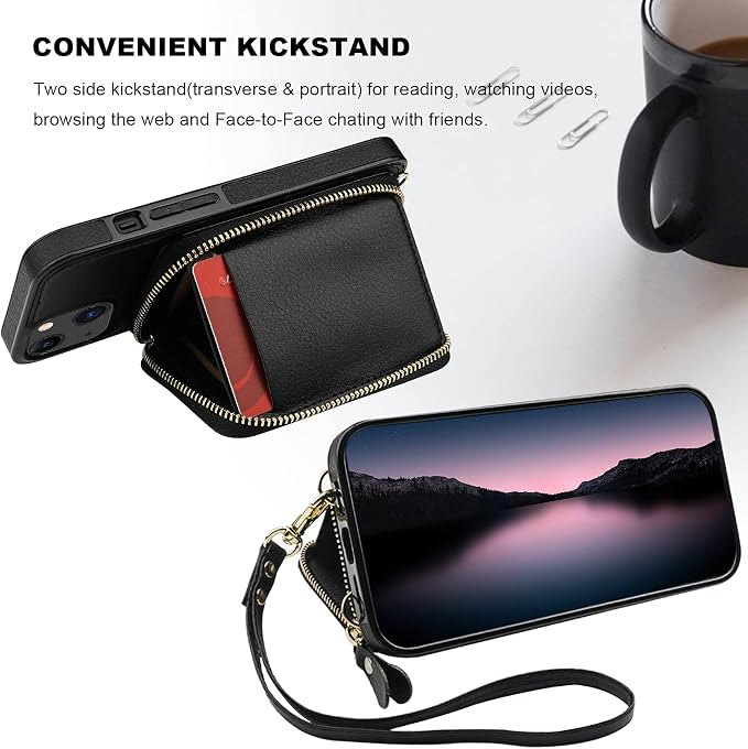 Bocasal RFID Blocking Wallet Case for iPhone 14 iPhone 13, Adjustable Crossbody Zipper Purse Case Card Holder with Kickstand Detachable Wrist Strap, PU Leather Flip Folio Case 6.1 Inch 5G (Black)