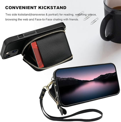 Bocasal RFID Blocking Wallet Case for iPhone 14 iPhone 13, Adjustable Crossbody Zipper Purse Case Card Holder with Kickstand Detachable Wrist Strap, PU Leather Flip Folio Case 6.1 Inch 5G (Black)
