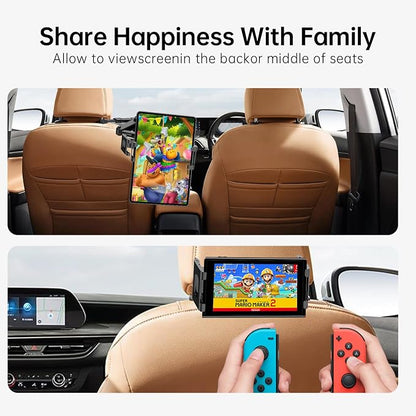 Car Headrest Tablet Holder, Stable Back Seat iPad Mount for Kids, Adjustable Long Arm Vehicle Head Rest Mount Compatible with 4.7-11" iPad Pro/Air/Mini, Samsung Galaxy Tablets, Fire HD